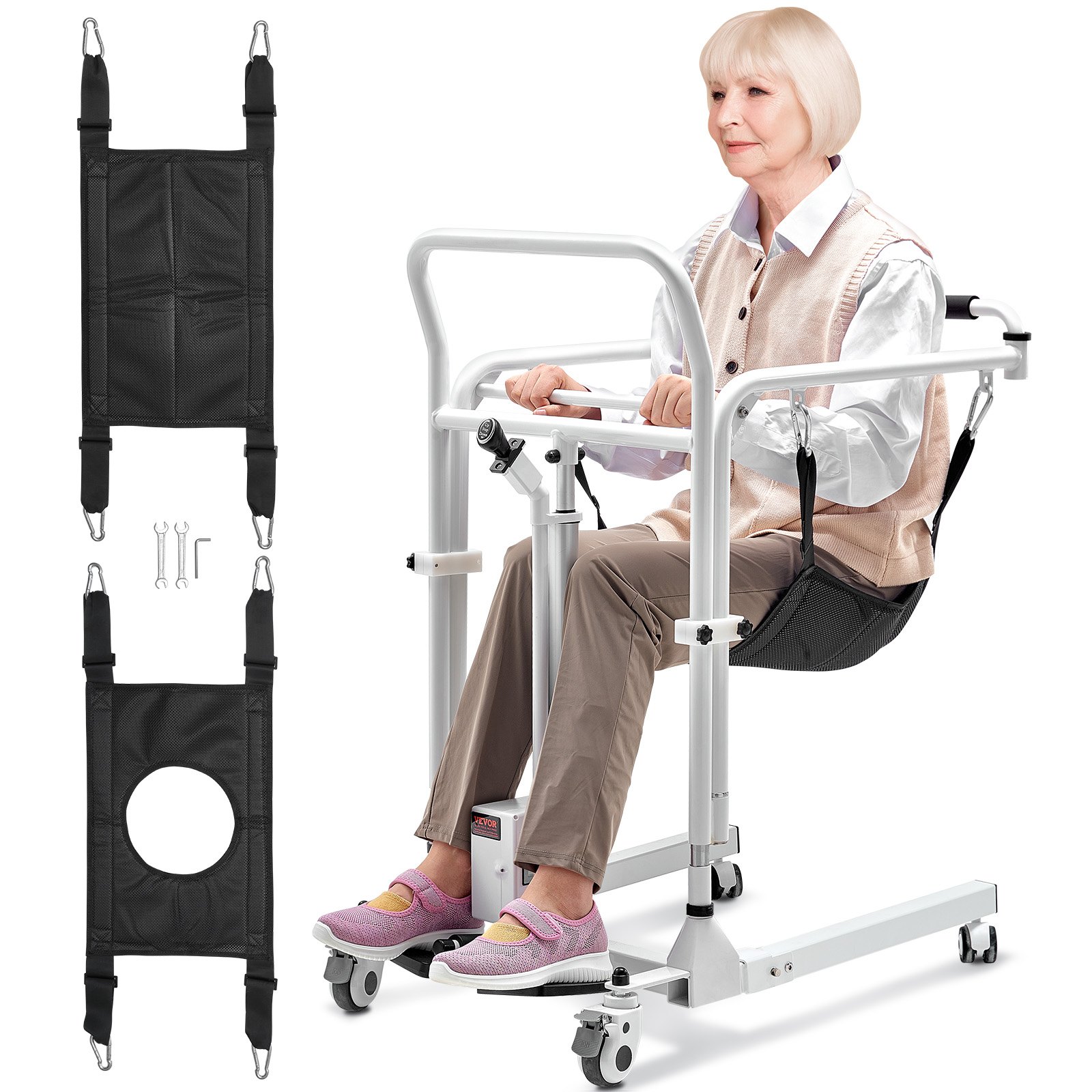 VEVOR Sedia da Trasferimento Elettrica per Pazienti, Sedia a Rotelle Pieghevole Altezza Regolabile, Sedia da Toilette Comoda da Comodino con Ruote 2 Cuscini per Anziani Disabili, Capacità 99,7 kg