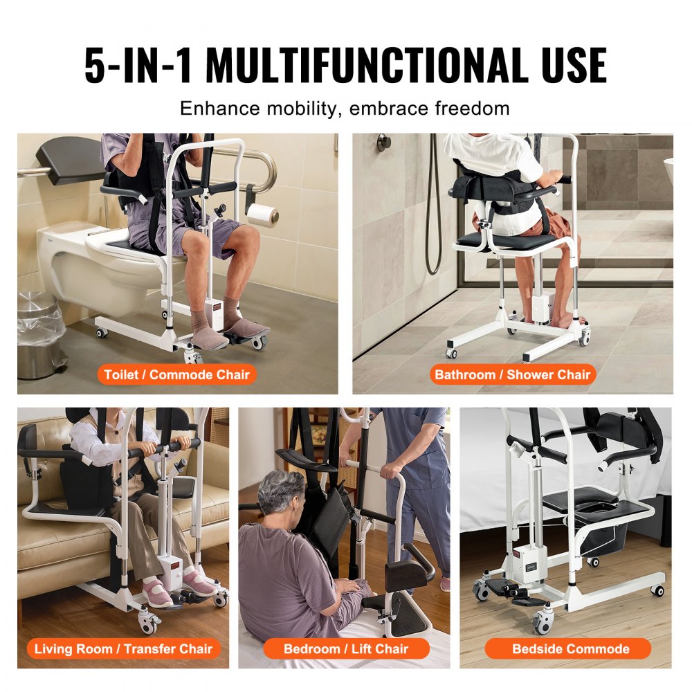 VEVOR Electric Patient Lift Transfer Chair, Electric Lift Wheelchair with Sling and Adjustable Height, Nighttime Toilet Shower Chair with 180° Split Seat and Bedpan for Disabled Seniors, 100 kg Load Capacity