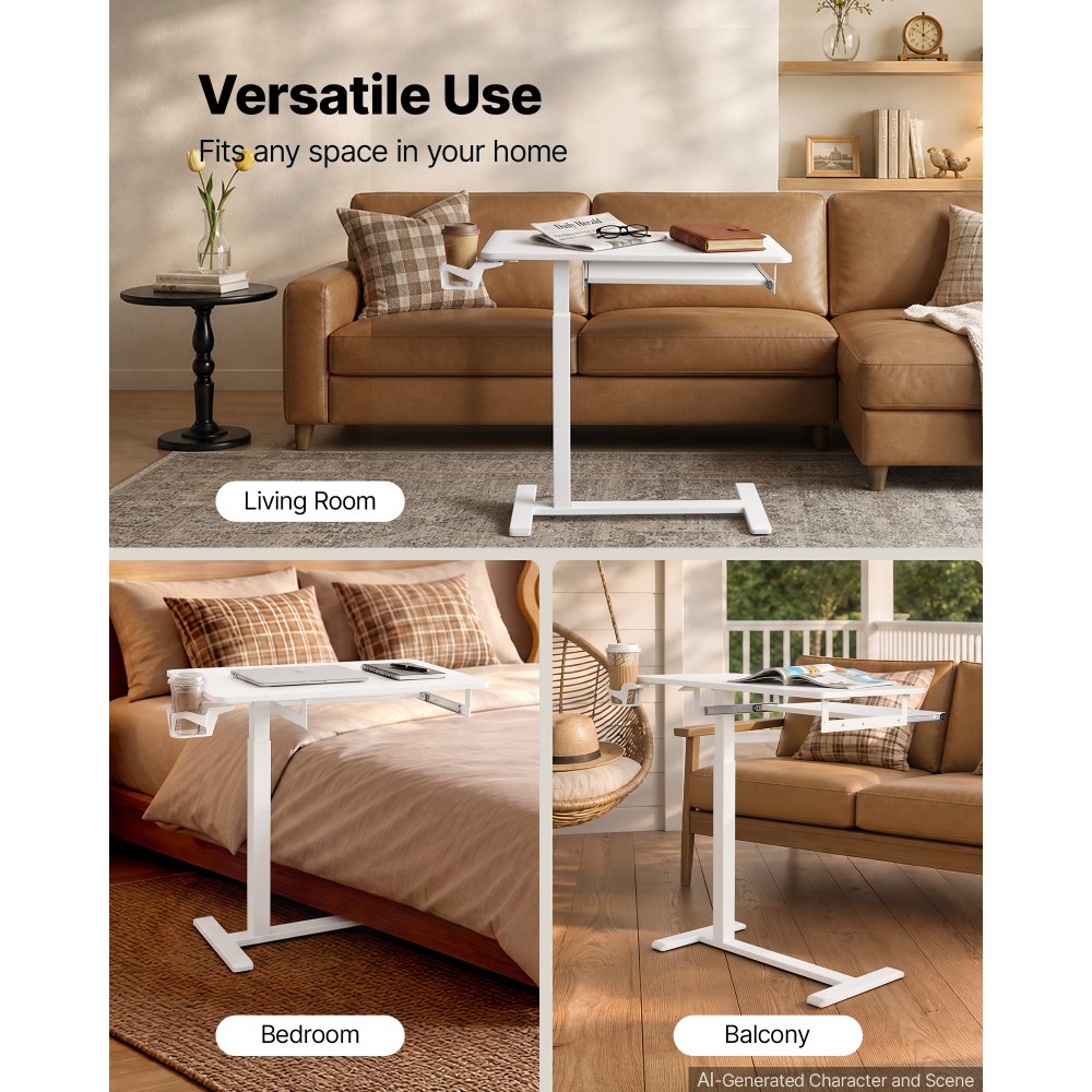 VEVOR Tavolino da Letto e da Comodino 800 x 450 mm con Ruote a Scomparsa, per Casa Camera Salotto, Scrivania per Laptop Regolabile in Altezza, con Vassoio per Tastiera e Portabicchieri, Colore Bianco