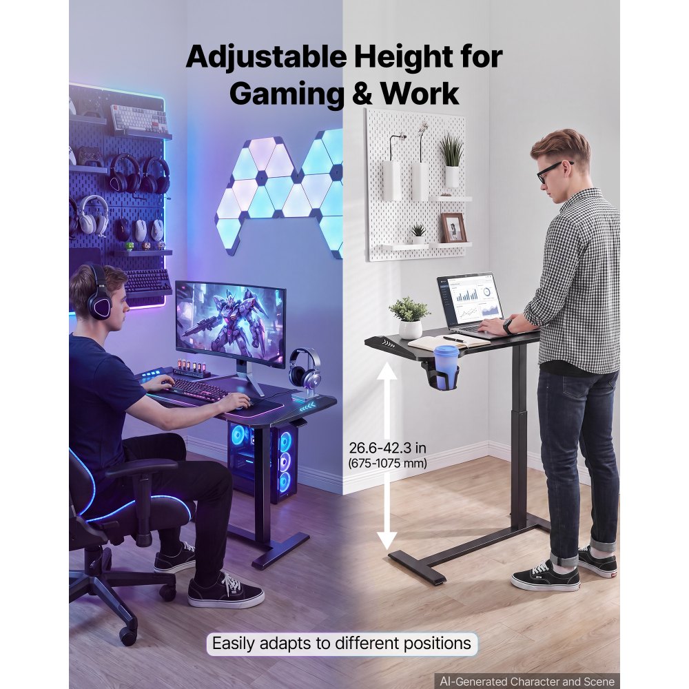 VEVOR Tavolino da Letto Misure 800 x 450 mm Mobile con Ruote a Scomparsa, per Casa Ufficio Divano, Scrivania per Laptop e da Gioco Regolabile in Altezza, Dotato di Luce RGB e Portabicchieri, Nero