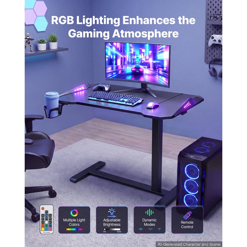 VEVOR Tavolino da Letto Misure 800 x 450 mm Mobile con Ruote a Scomparsa, per Casa Ufficio Divano, Scrivania per Laptop e da Gioco Regolabile in Altezza, Dotato di Luce RGB e Portabicchieri, Nero
