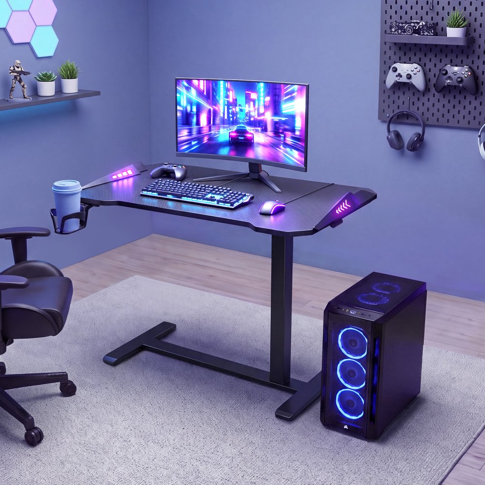 VEVOR Tavolino da Letto Misure 800 x 450 mm Mobile con Ruote a Scomparsa, per Casa Ufficio Divano, Scrivania per Laptop e da Gioco Regolabile in Altezza, Dotato di Luce RGB e Portabicchieri, Nero