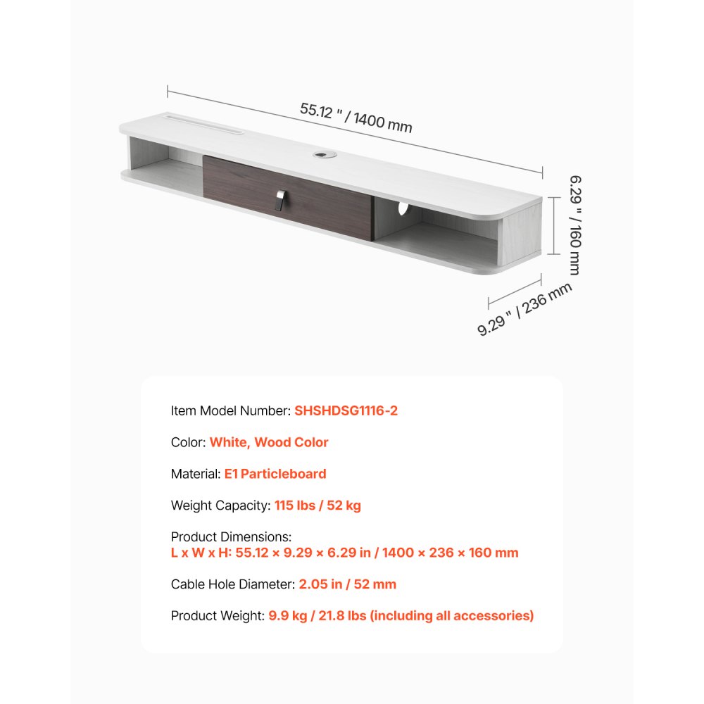 VEVOR Mobile TV Sospeso a Parete con Foro per Cavi, Console Televisiva Galleggiante con Spazio di Archiviazione per Lettore DVD, Console di Gioco, Capacità di Carico 52 kg Bianco, Lunghezza 140 cm