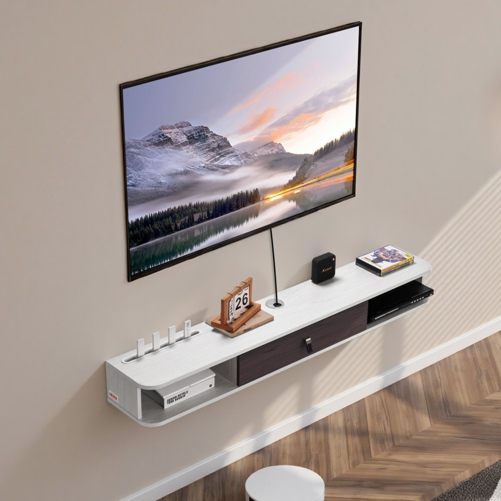 VEVOR TV cabinet, wall-mounted, TV cabinet with cable hole, floating TV shelf with storage space for DVD player, cable box, game console, wall cabinet, 52 kg load capacity, white, 140 cm length