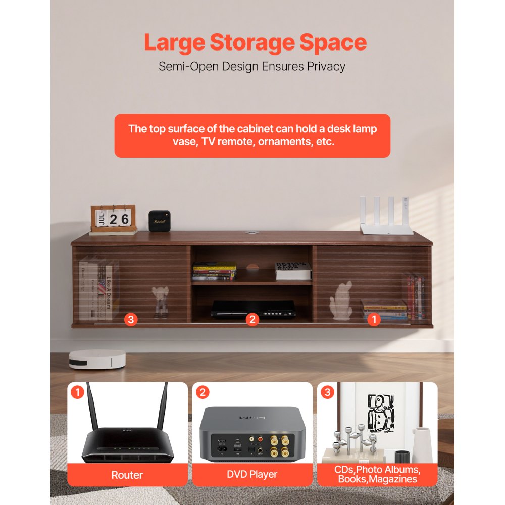 VEVOR Mobile TV Sospeso a Parete con Ripiano Regolabile e Ante Scorrevoli, Ripiano TV con Spazio di Archiviazione per Lettore DVD Console di Gioco, Capacità 52 kg Bianco 1520 x 390 x 368 mm