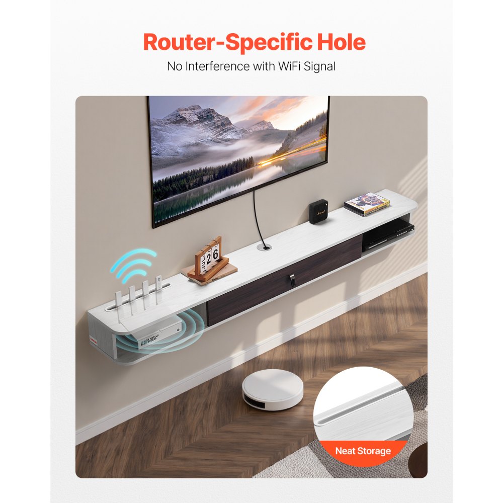 VEVOR Mobile TV Sospeso a Parete con Foro per Cavi, Mensola TV Galleggiante con Spazio di Archiviazione, per Lettore DVD, Console di Gioco, Capacità 52 kg, Bianco, 1800 x 236 x 160 mm