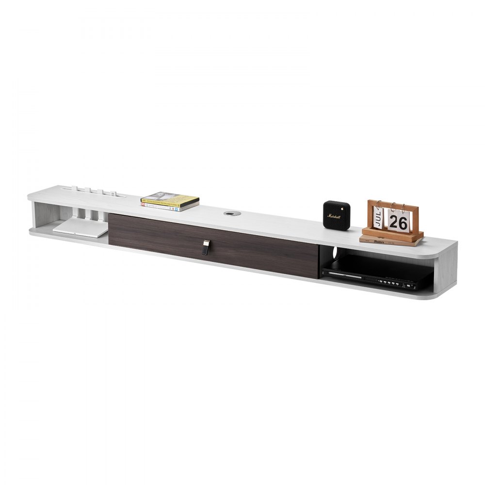 VEVOR Mobile TV Sospeso a Parete con Foro per Cavi, Mensola TV Galleggiante con Spazio di Archiviazione, per Lettore DVD, Console di Gioco, Capacità 52 kg, Bianco, 1800 x 236 x 160 mm