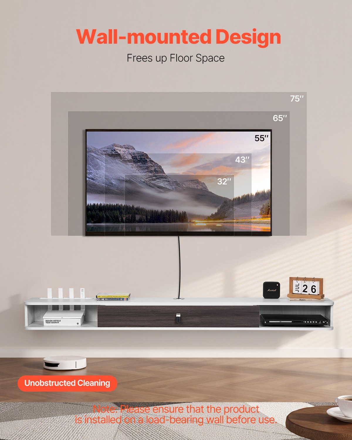 VEVOR Mobile TV Sospeso a Parete con Foro per Cavi, Mensola TV Galleggiante con Spazio di Archiviazione, per Lettore DVD, Console di Gioco, Capacità 52 kg, Bianco, 1800 x 236 x 160 mm