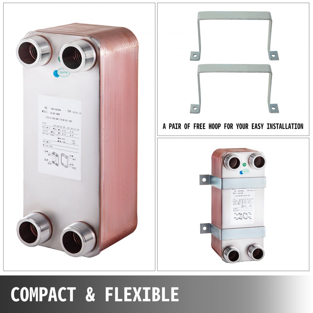 Scambiatore Di Calore A 40 Piastre 1 1/4" Mnpt Scaldabagni Caldaie 316l Rame