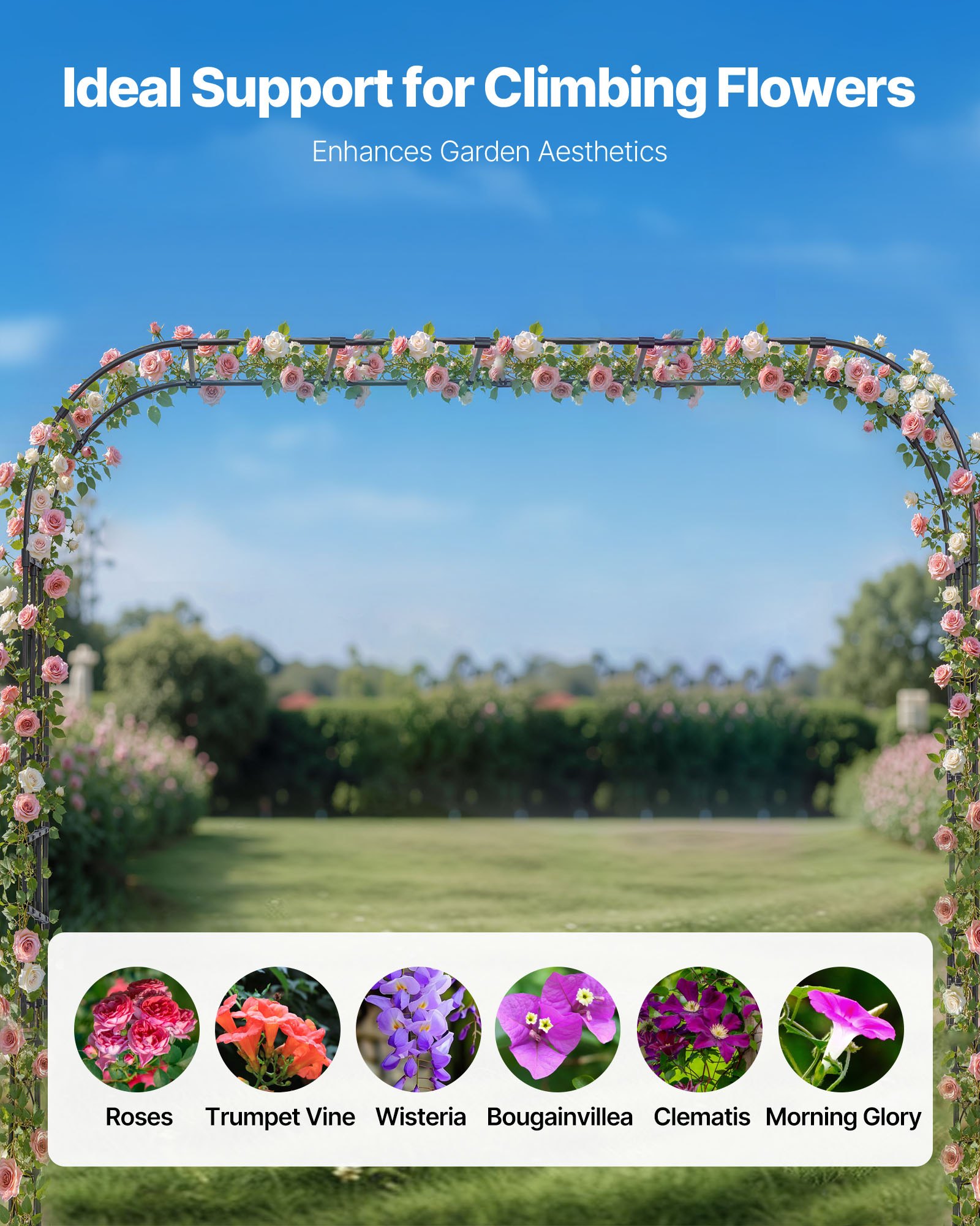 VEVOR Garden Arbor, 2.4 (H) x  3.2 (W) x 0.4 (D) m Metal Archway, Sturdy Outdoor Trellis Arch with Stakes, Easy to Assemble, Pergola Arbor for Plant Climbing Yard Lawn Wedding Party Decoration
