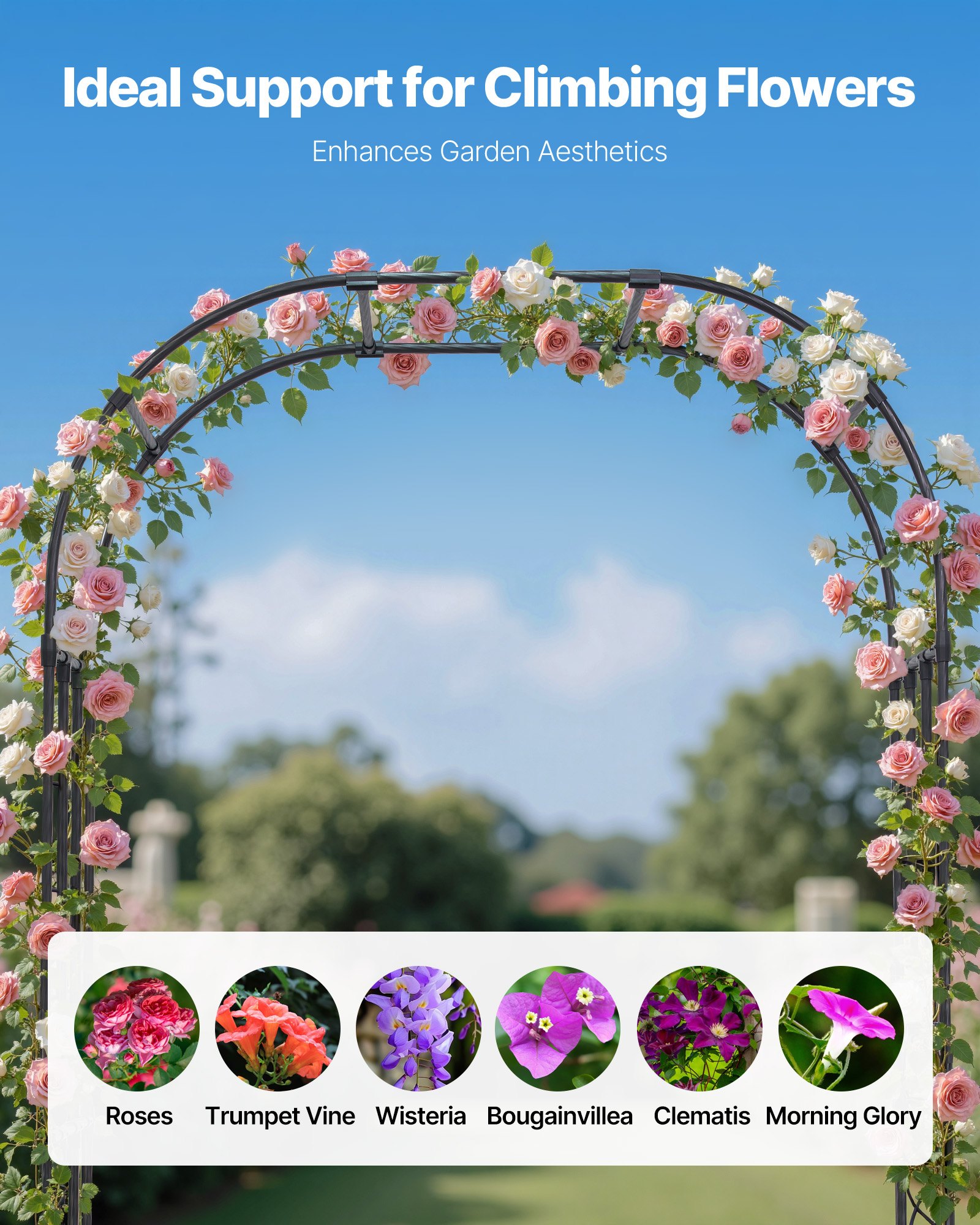 VEVOR Garden Arbor, 2.4 (H) x 1.5 (W) x 0.4 (D) m Metal Archway, Sturdy Outdoor Trellis Arch with Stakes, Easy to Assemble, Pergola Arbor for Plant Climbing Yard Lawn Wedding Party