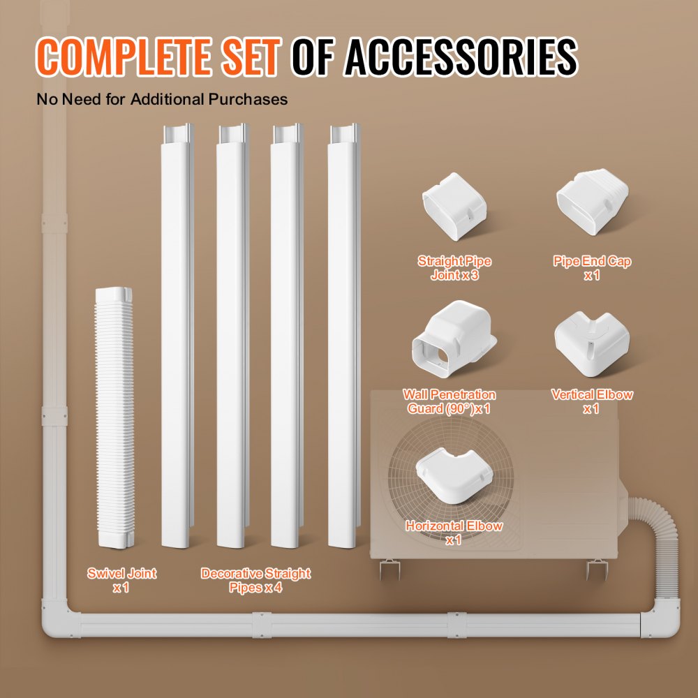 VEVOR Mini Split Line Set Cover 76.2 mm W 4830 mm L, decorative PVC pipe cover for air conditioning with 4 straight ducts and complete components, paintable for heat pumps, white