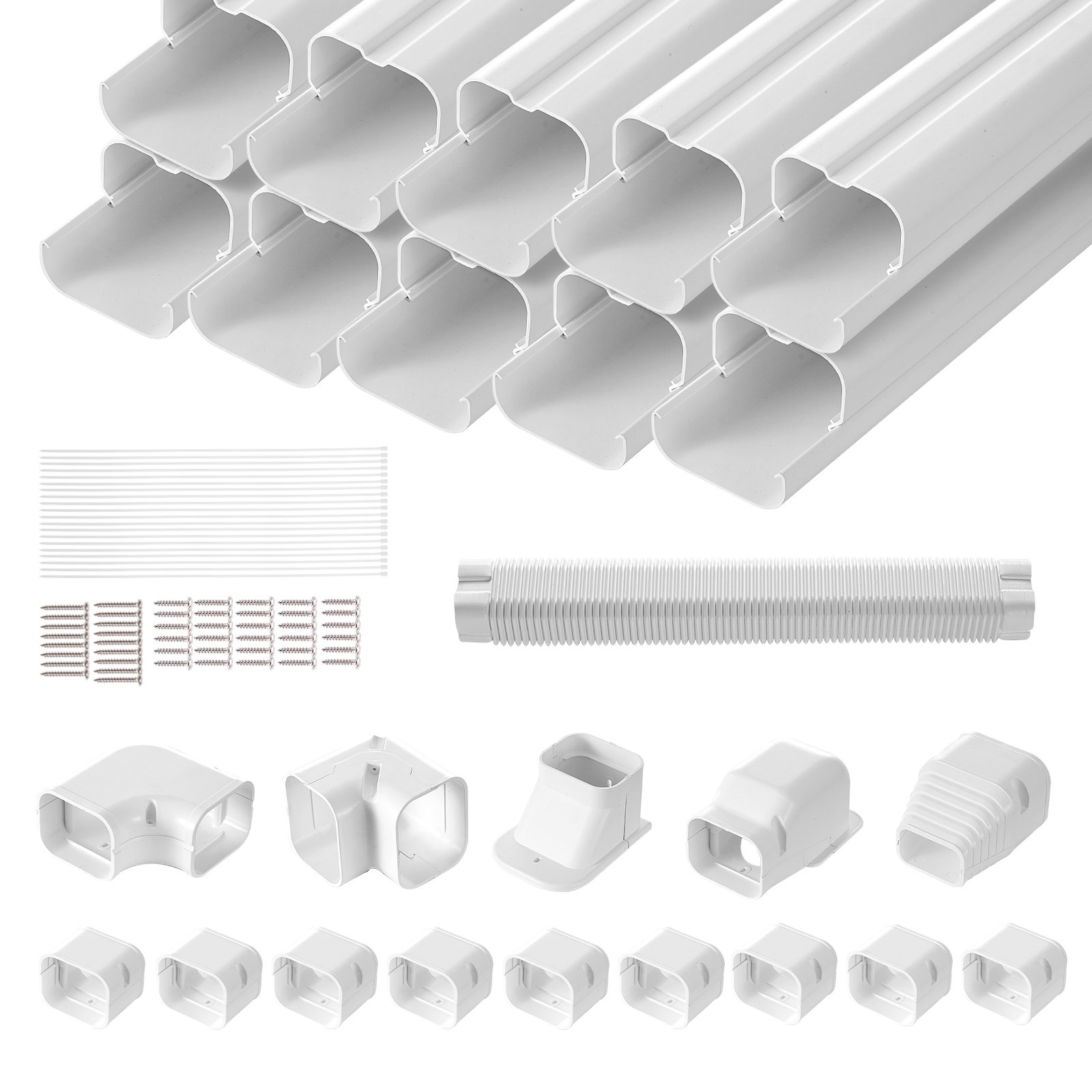 VEVOR Mini Split Line Set Cover 76.2 mm W 5400 mm L, decorative PVC pipe cover for air conditioning with 10 straight ducts and complete components, paintable for heat pumps, white