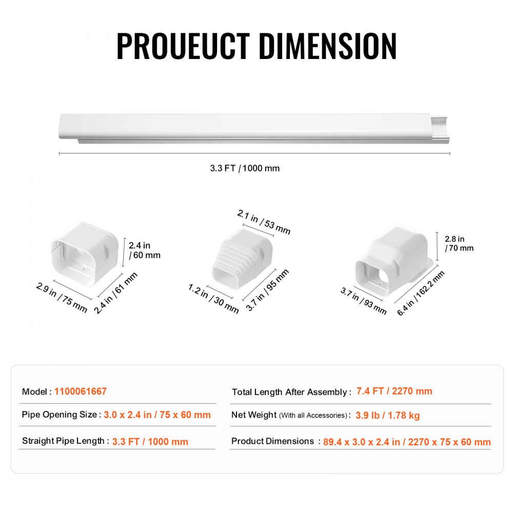 VEVOR Mini Copertura Split Line, 75 mm di Larghezza 2270 mm di Lunghezza, Copertura Decorativa in PVC per Condizionatori d'Aria con 2 Condotti Dritti, Verniciabile per Pompe di Calore, Bianco