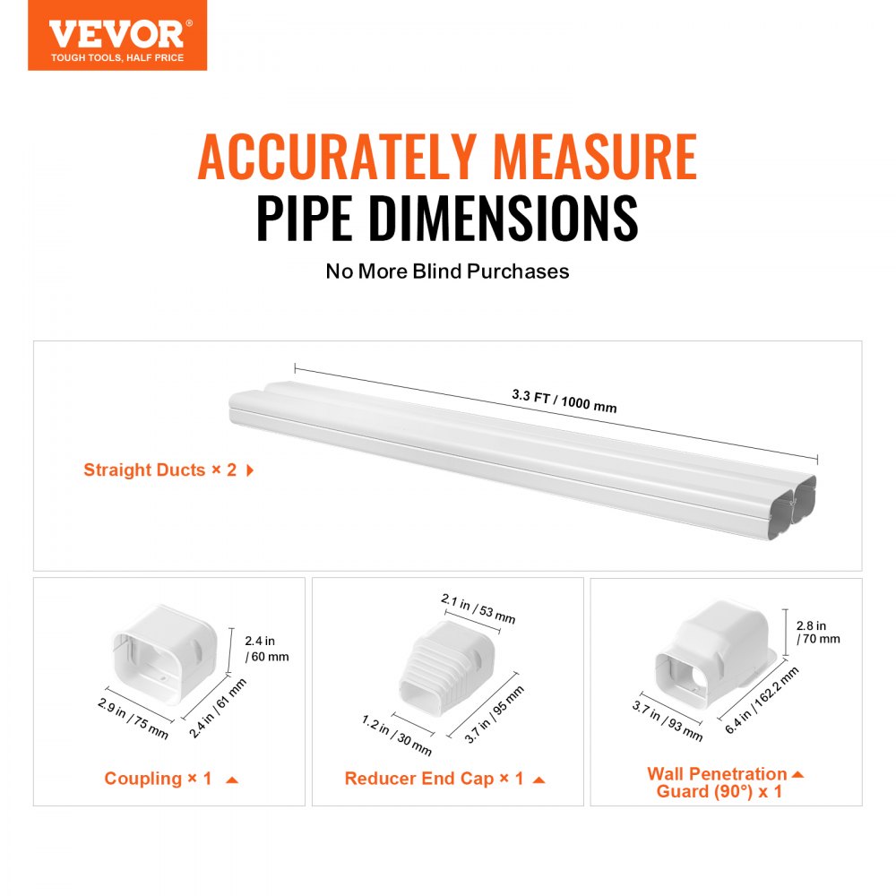VEVOR Mini Split Line Set Cover 76.2 mm W 2270 mm L, decorative PVC pipe cover for air conditioning with 2 straight ducts and complete components, paintable for heat pumps, white