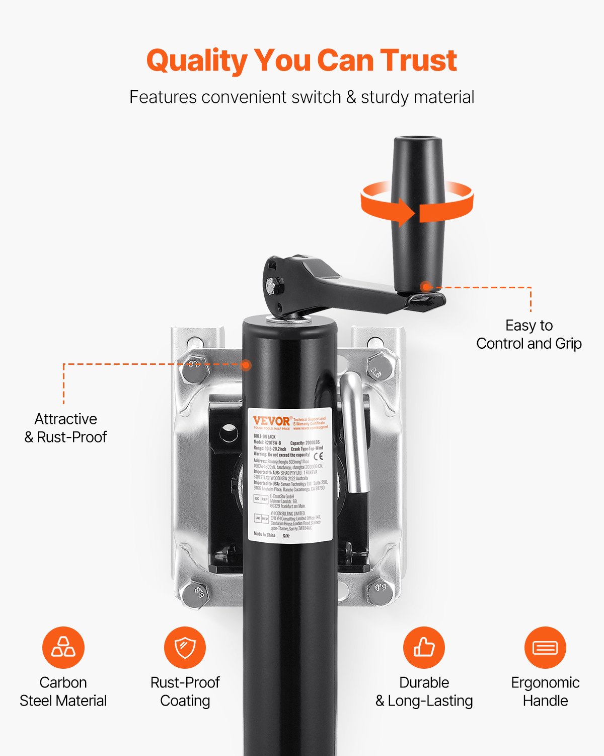 VEVOR Cric per Rimorchio, Capacità di Carico Dinamico 907 kg Martinetto Girevole per Carichi Pesanti con Bulloni, Cavalletto per Rimorchio con Sollevamento 254 mm con Maniglia per Rimorchio per Camper