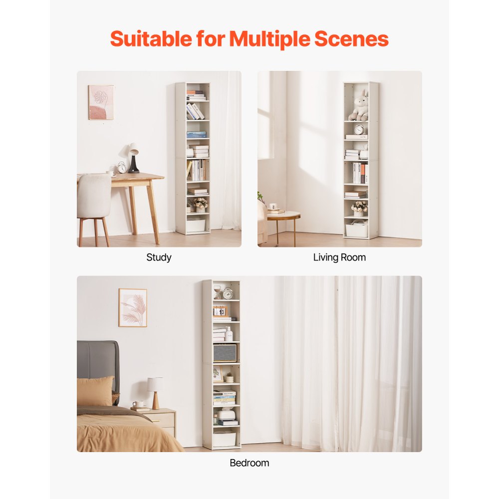 VEVOR Libreria Sottile a 8 Ripiani, Libreria Aperta in Legno Alta 180 cm con Ripiano Regolabile in Altezza, Espositore Autoportante per Riporre a Pavimento, Camera da Letto, Soggiorno, Ufficio, Bianco