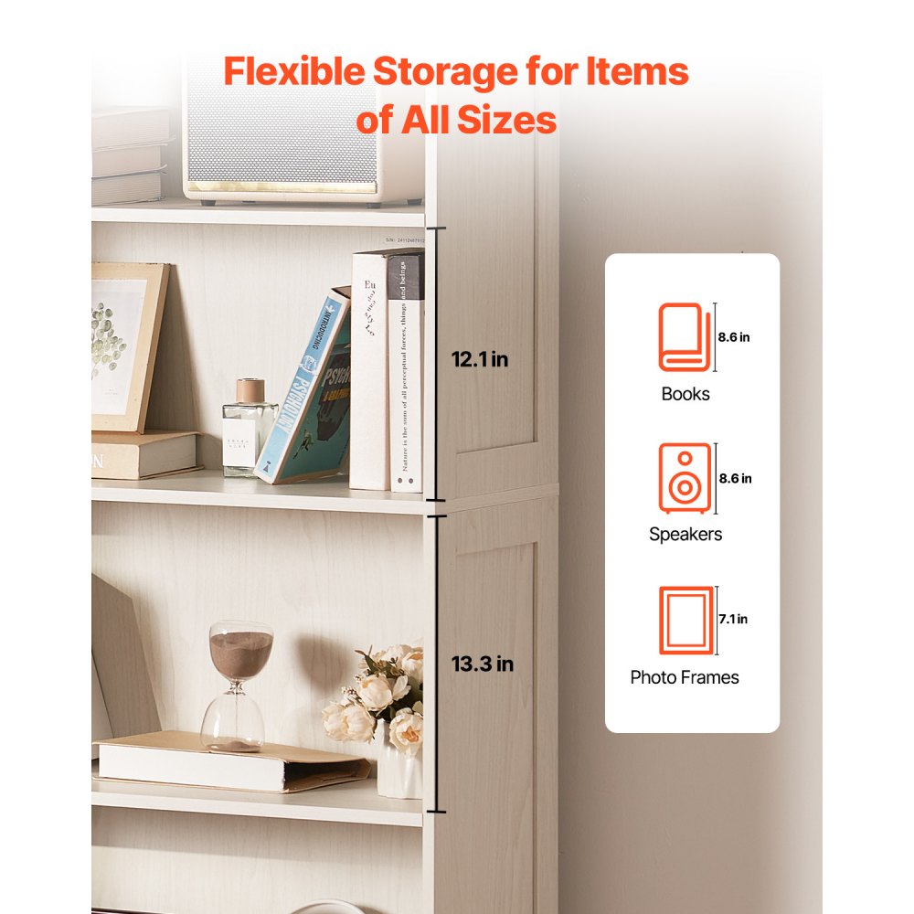 VEVOR Bookshelf with 6 rectangular compartments & height-adjustable shelf, 1735 mm high freestanding shelf storage unit made of E1 chipboard, display shelf for living room bedroom office white