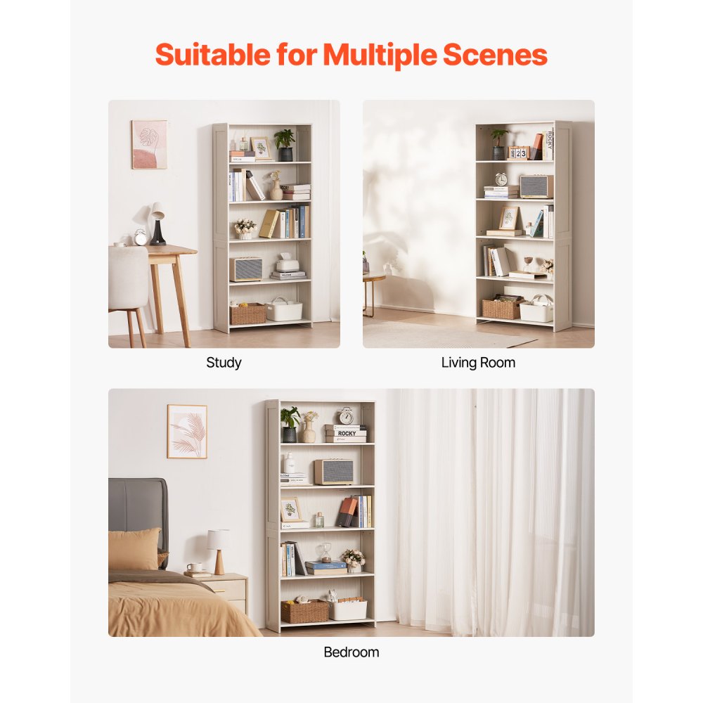 VEVOR Bookshelf with 6 rectangular compartments & height-adjustable shelf, 1735 mm high freestanding shelf storage unit made of E1 chipboard, display shelf for living room bedroom office white