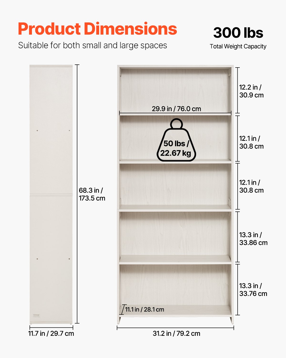 VEVOR Bookshelf with 6 rectangular compartments & height-adjustable shelf, 1735 mm high freestanding shelf storage unit made of E1 chipboard, display shelf for living room bedroom office white