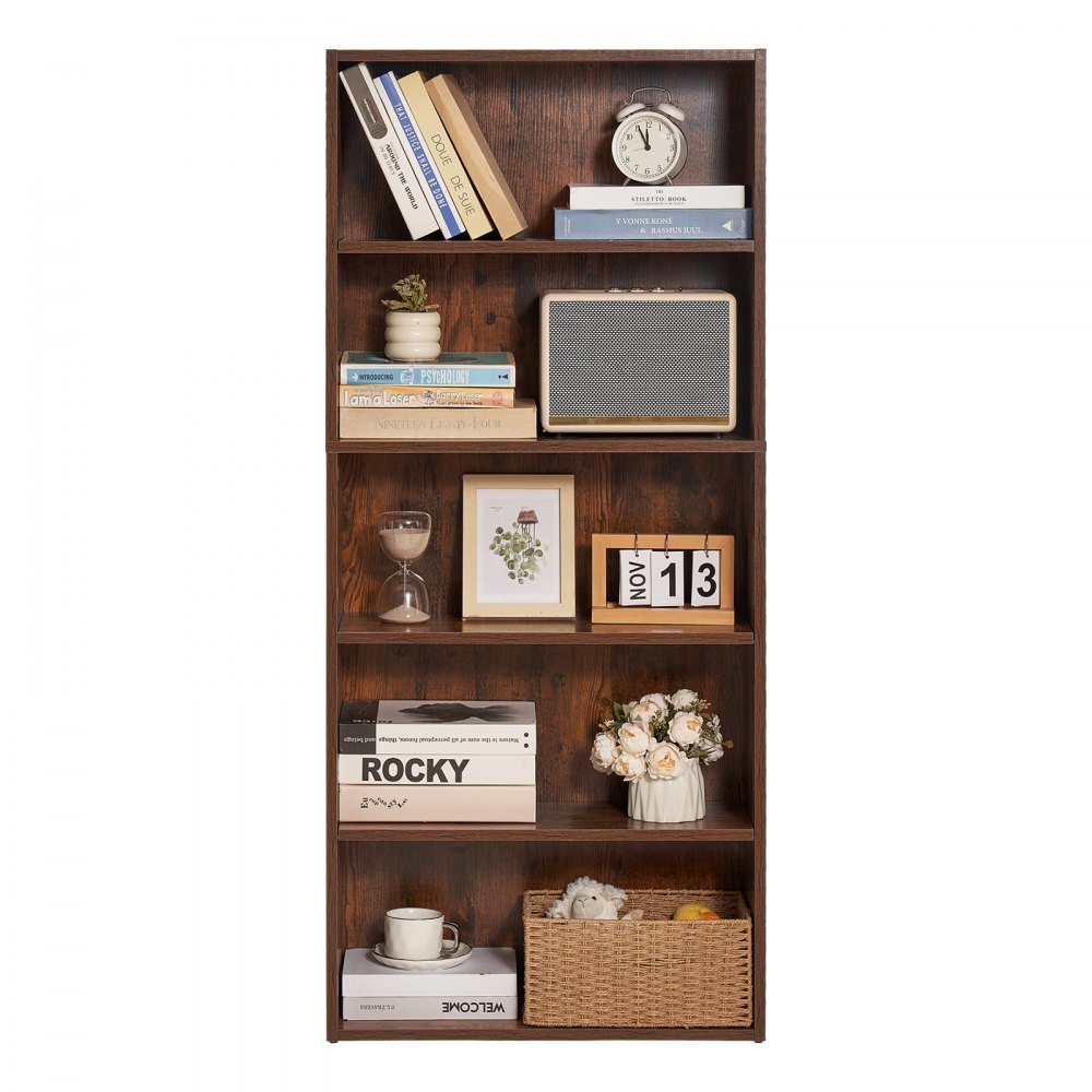 VEVOR Libreria Sottile a 5 Ripiani, Libreria Aperta in Legno 134,5 cm con Ripiano Regolabile in Altezza, Espositore da Pavimento Alto Autoportante, Scaffale per Biblioteca, Soggiorno, Ufficio, Marrone