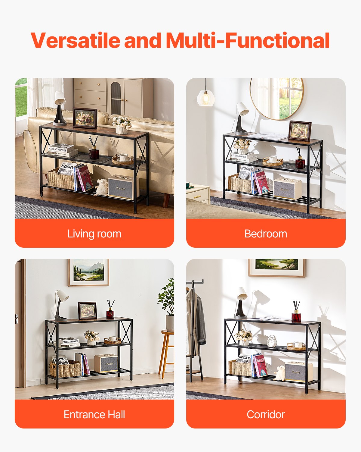 VEVOR Tavolo Stretto Dietro Divano, Tavolino da Ingresso Lungo a 3 Livelli e Tavola da Corridoio Sottile, con Struttura in Metallo, per Ingresso, Corridoio, Soggiorno, 106 x 29,5 x 73,5 cm