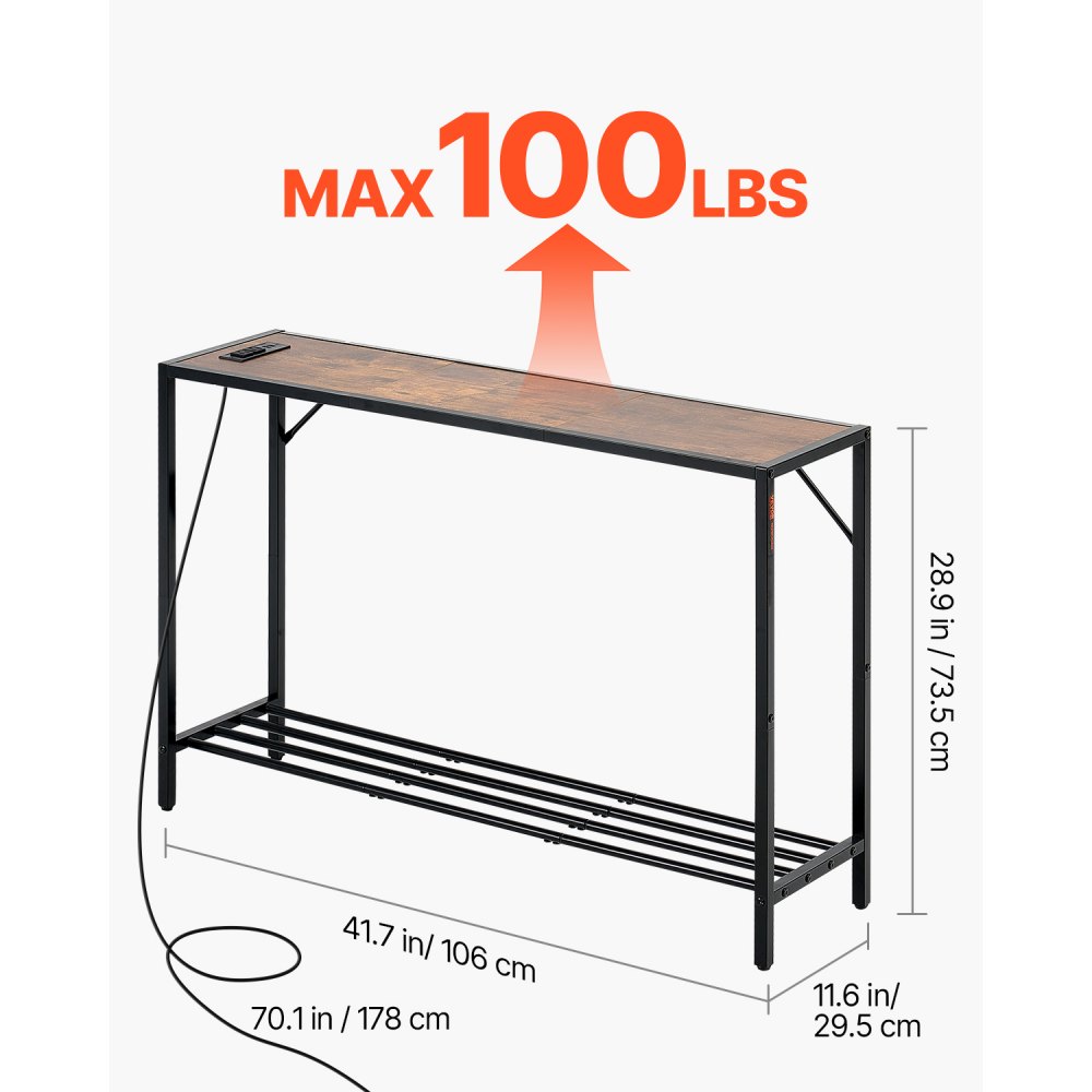 VEVOR Tavolo Stretto Dietro Divano, 106 x 29,5 x 73,5 cm, con Prese di Corrente, Tavolo d'Ingresso Lungo a 2 Livelli con Struttura in Metallo e Stazione di Ricarica, per Ingresso, Corridoio
