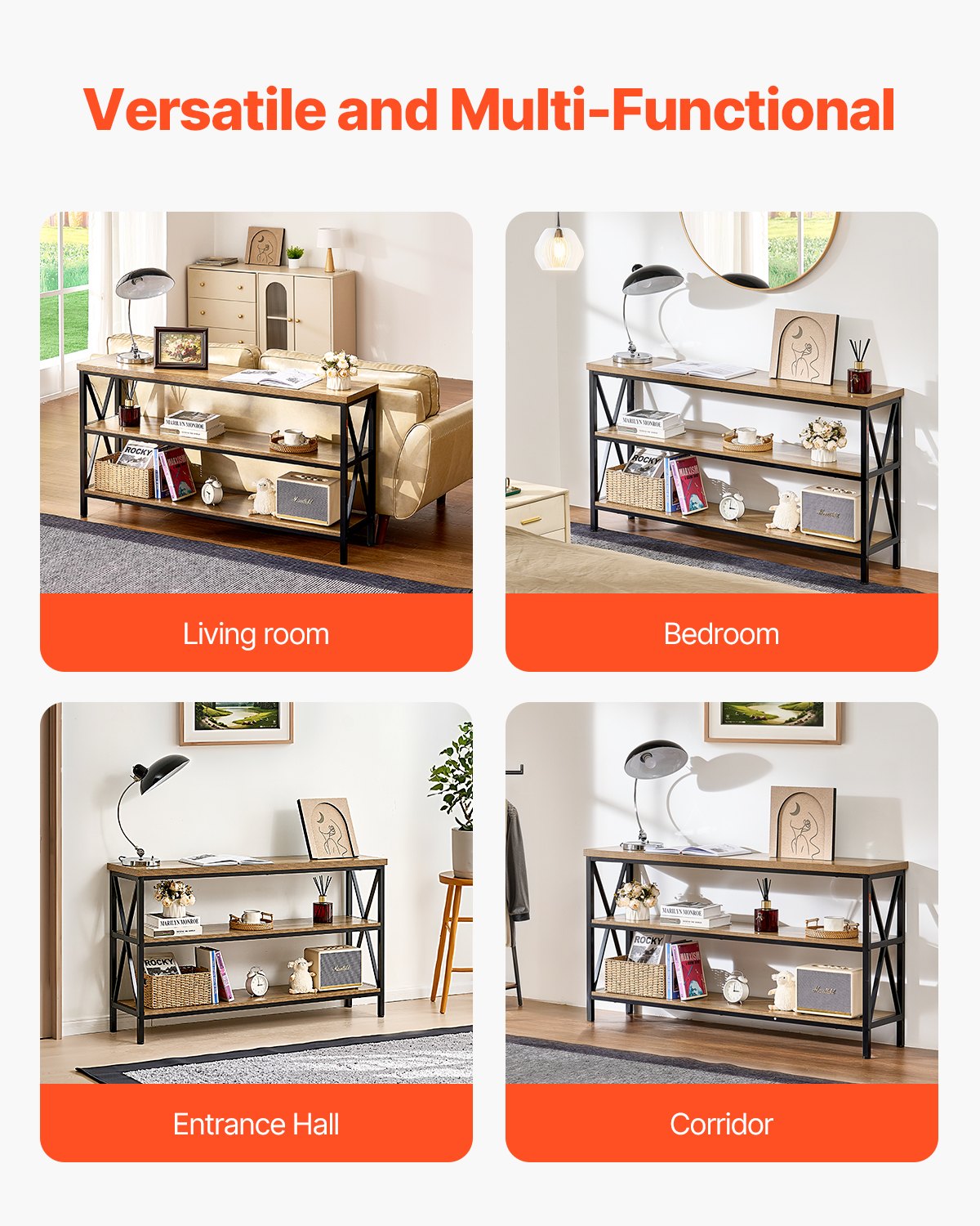 VEVOR Tavolo Stretto Dietro Divano, Tavolino da Ingresso Lungo a 3 Livelli e Tavola da Corridoio Sottile, con Struttura in Metallo, per Ingresso, Corridoio, Soggiorno, 140 x 34 x 76,2 cm