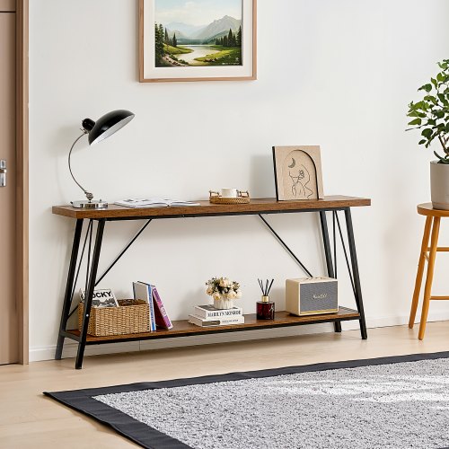 Tavolo Consolle Industriale Stretto | 75x29x29 Cm | Mobile D'Ingresso Con Ripiani | Stile Rustico Marrone E Nero Per Corridoio, Soggiorno, Dietro Il Divano