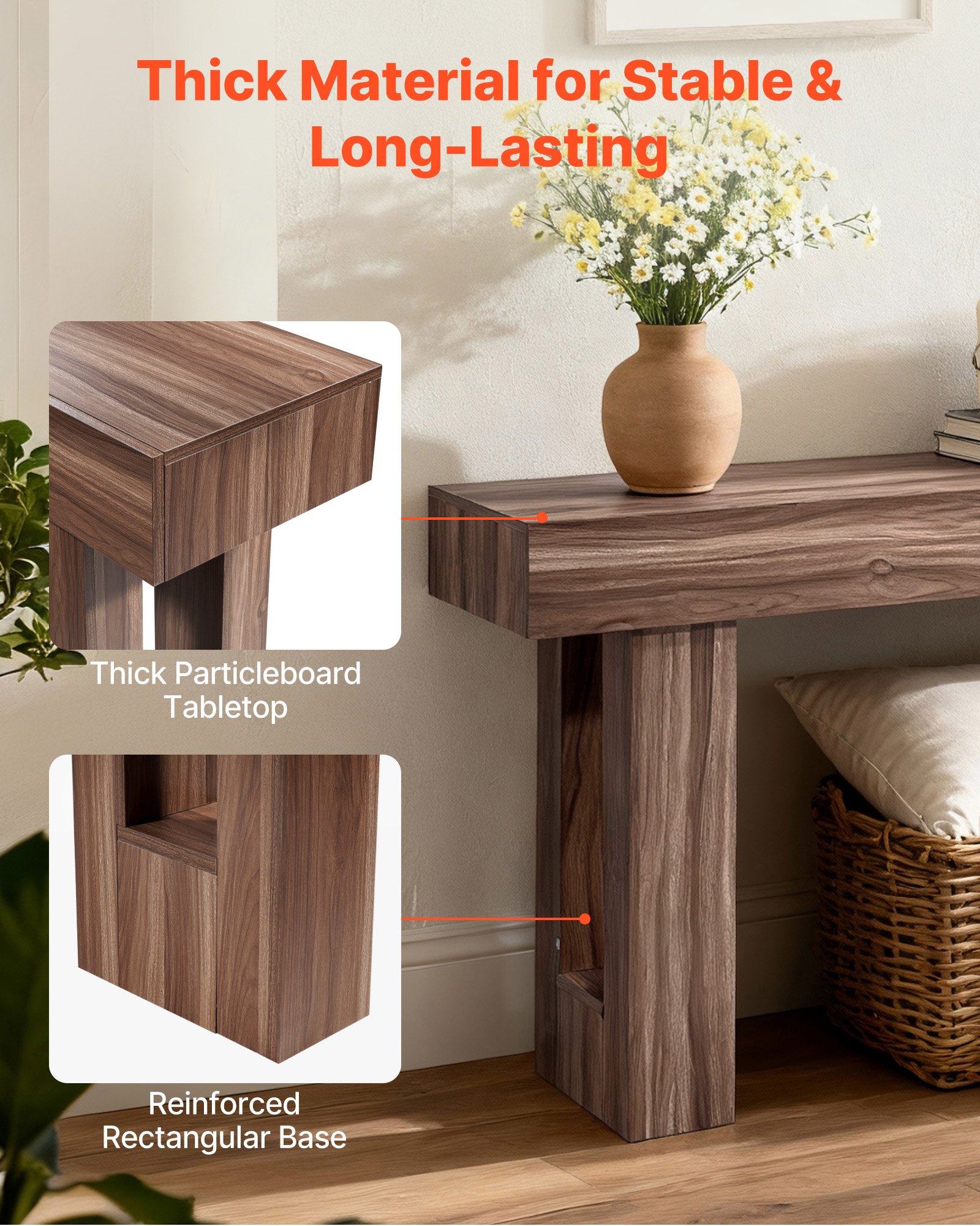 VEVOR Tavolino Console da Ingresso da 160 x 35 x 85 cm, Carico di 60 kg Rettangolare Stretto in Truciolato per Corridoio, Camera da Letto, Soggiorno, Tavolo Stretto Dietro Divano, Marrone