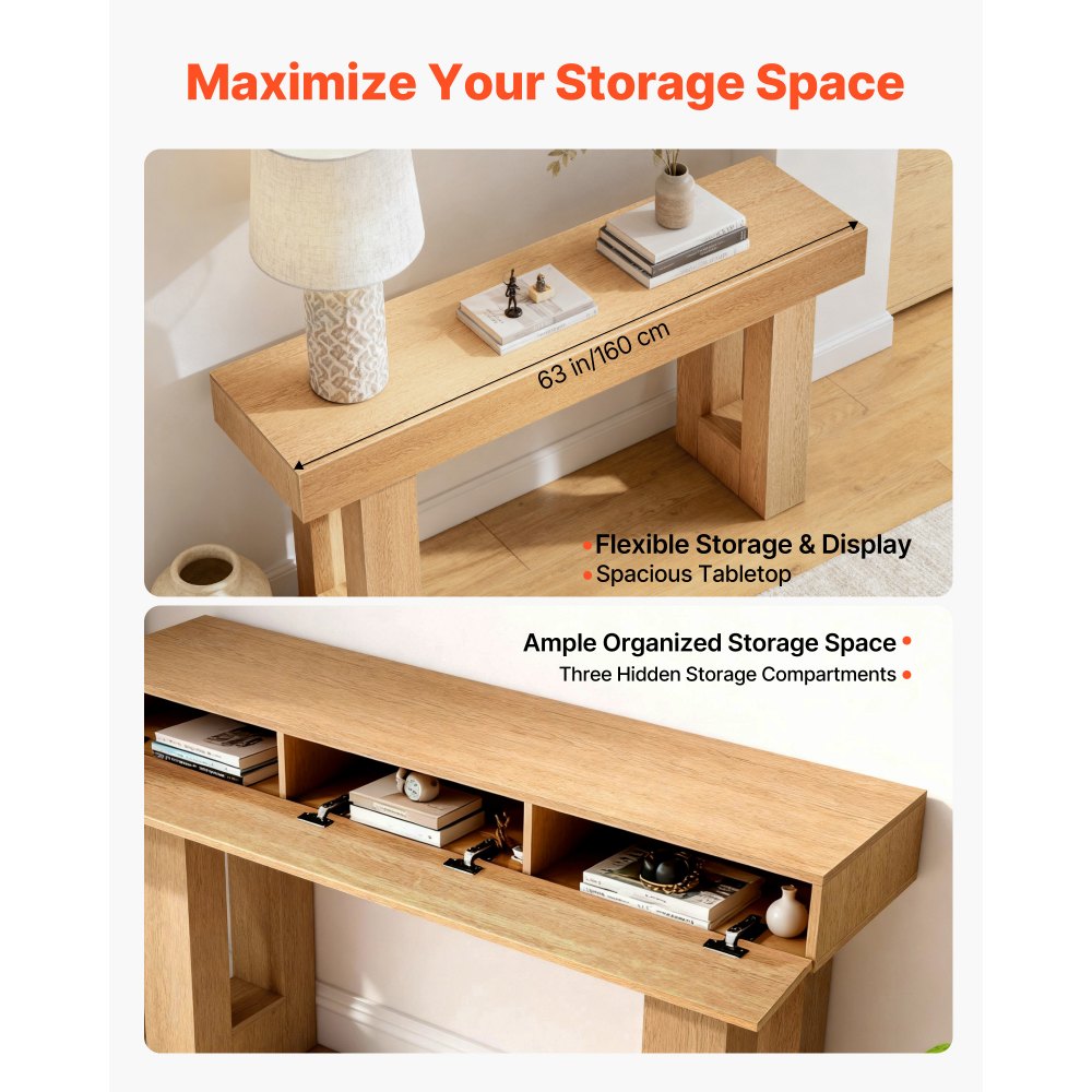 VEVOR Tavolino Console da Ingresso da 160 x 35 x 85 cm, Carico di 60 kg Rettangolare Stretto in Truciolato per Corridoio, Camera da Letto, Soggiorno, Tavolo Stretto Dietro Divano, Legno Naturale