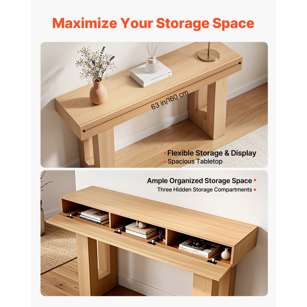 VEVOR Tavolino Console da Ingresso da 160 x 35 x 85 cm, Carico di 60 kg Rettangolare Stretto in Truciolato per Corridoio, Camera da Letto, Soggiorno, Tavolo Stretto Dietro Divano, Legno Naturale