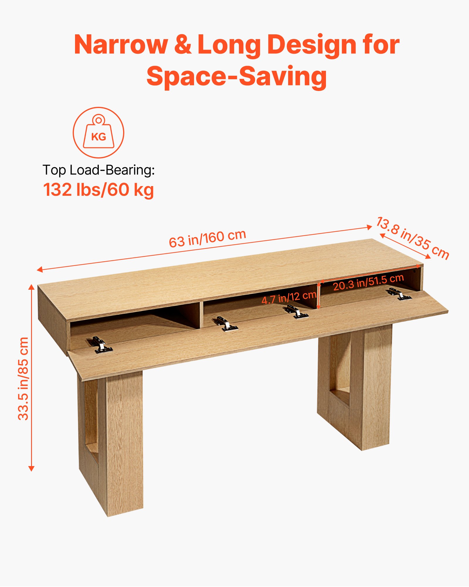 VEVOR Tavolino Console da Ingresso da 160 x 35 x 85 cm, Carico di 60 kg Rettangolare Stretto in Truciolato per Corridoio, Camera da Letto, Soggiorno, Tavolo Stretto Dietro Divano, Legno Naturale