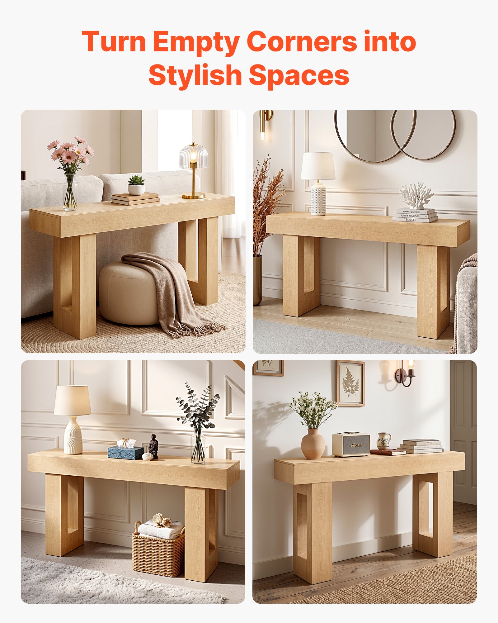 VEVOR Tavolino Console da Ingresso da 160 x 35 x 85 cm, Carico di 60 kg Rettangolare Stretto in Truciolato per Corridoio, Camera da Letto, Soggiorno, Tavolo Stretto Dietro Divano, Legno Naturale