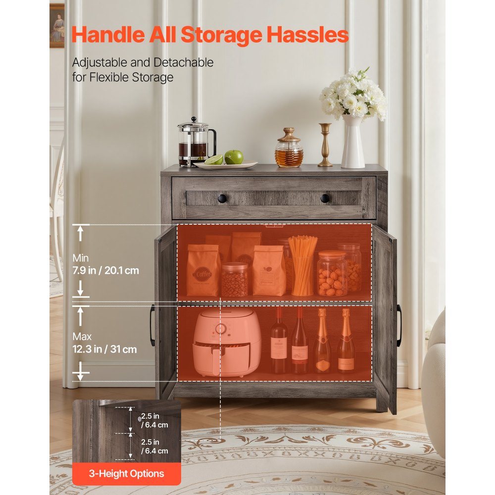 VEVOR Mobile Armadietto in Stile Rustico da 75 x 37,5 x 80 cm con Cassetto, Credenza Cucina con 2 Ante a Battente, per Soggiorno, Ingresso, Cucina, Grigio, Capacità di Peso del Tavolo 15 kg