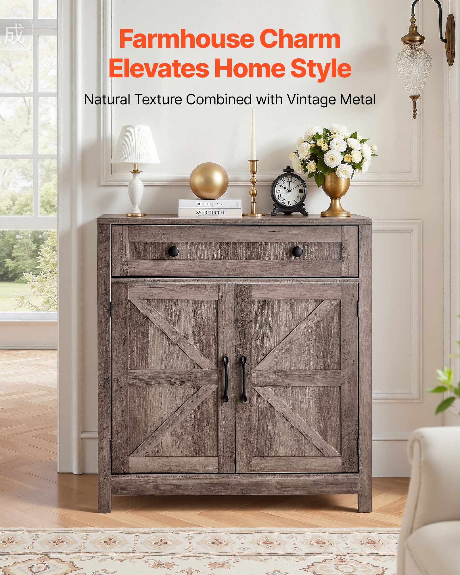 VEVOR Mobile Armadietto in Stile Rustico da 75 x 37,5 x 80 cm con Cassetto, Credenza Cucina con 2 Ante a Battente, per Soggiorno, Ingresso, Cucina, Grigio, Capacità di Peso del Tavolo 15 kg