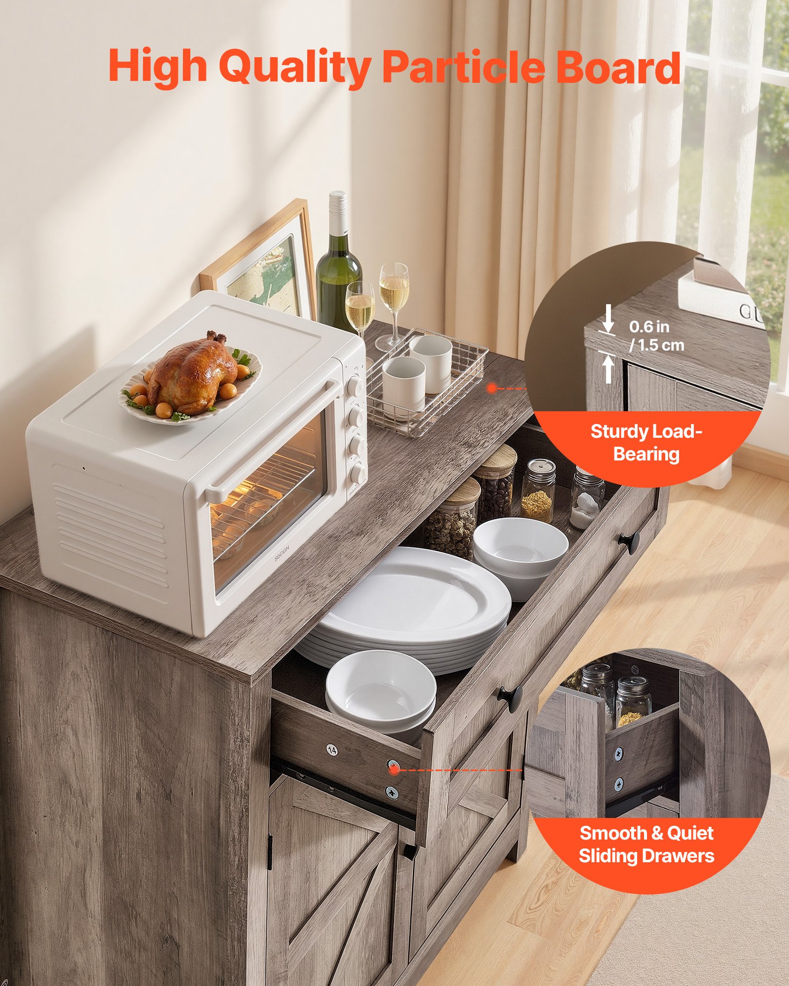 VEVOR Mobile Armadietto in Stile Rustico da 75 x 37,5 x 80 cm con Cassetto, Credenza Cucina con 2 Ante a Battente, per Soggiorno, Ingresso, Cucina, Grigio, Capacità di Peso del Tavolo 15 kg