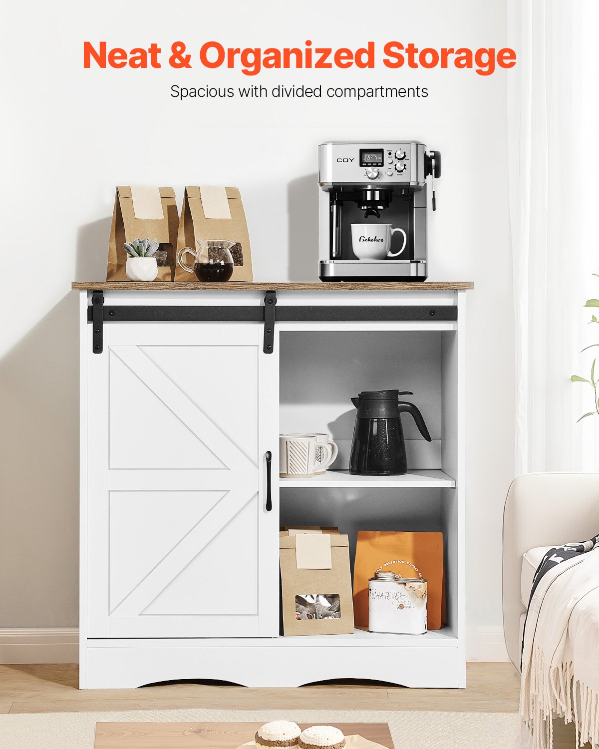 VEVOR Coffee Bar Cabinet 80 x 35 x 80 cm Farmhouse style coffee bar cabinet with 3-tier storage, coffee bar table with barn door design, sideboard/buffet cabinet for living room/entrance area