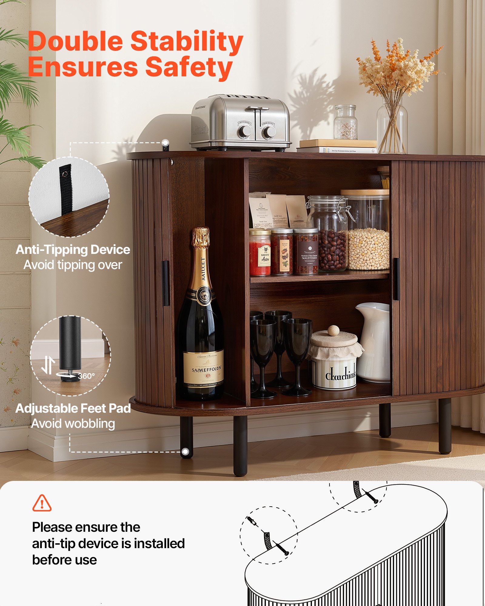 VEVOR Armadietto Organizzatore da Salotto con 2 Ante Scorrevoli, Credenza in Stile Medievale per Soggiorno, Ingresso, Mobile Contenitore da 100 x 40 x 75 cm, Credenza da Cucina in Noce