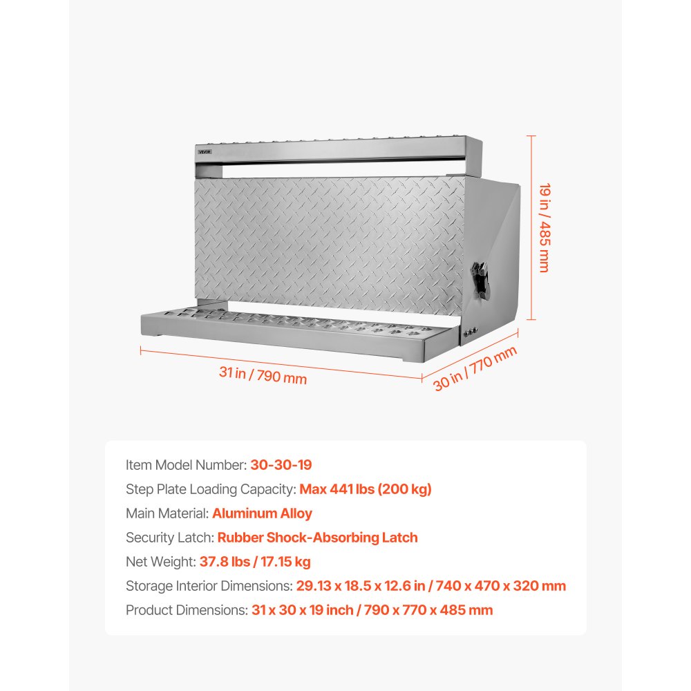 VEVOR Cassetta Portautensili per Semirimorchi, 790 x 770 x 485 mm, Scatola Impermeabile per Attrezzi a Gradino in Alluminio con Piastra Diamantata, con Ingresso Cabina e Chiusura Ammortizzata