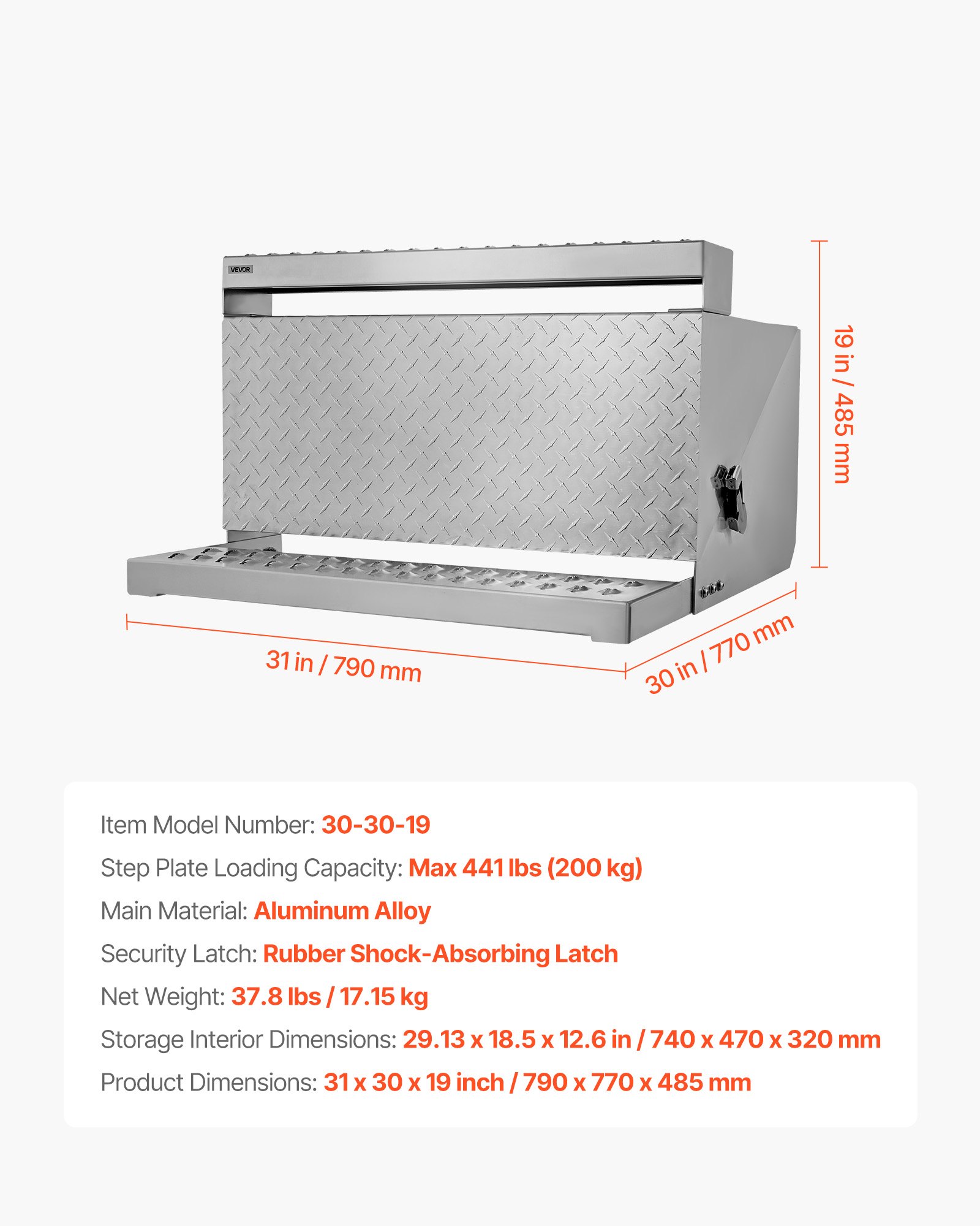 VEVOR Cassetta Portautensili per Semirimorchi, 790 x 770 x 485 mm, Scatola Impermeabile per Attrezzi a Gradino in Alluminio con Piastra Diamantata, con Ingresso Cabina e Chiusura Ammortizzata