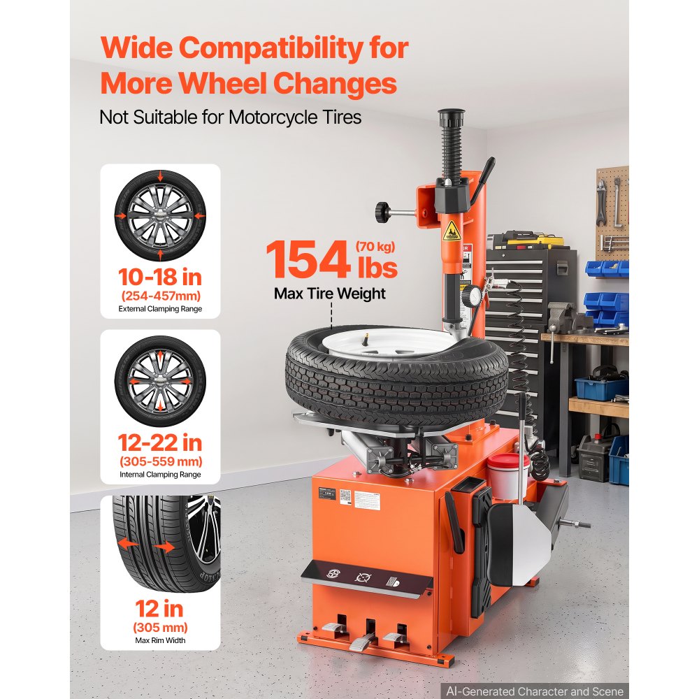 VEVOR Smontagomme per Pneumatici 1100W per Officina Garage Manutenzione Morsetto Esterno da 254-457 mm, Interno da 305-559 mm, Larghezza Cerchio max 305 mm, Azionamento a Pedale, per Autofficine
