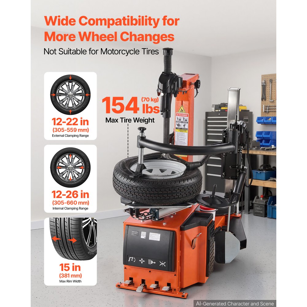 VEVOR Smontagomme per Pneumatici con Braccio Ausiliario 1100W per Officina Morsetto Esterno da 305-559 mm, Interno da 305-660 mm, Larghezza max 381 mm, Azionamento a Pedale, per Autofficine, Garage