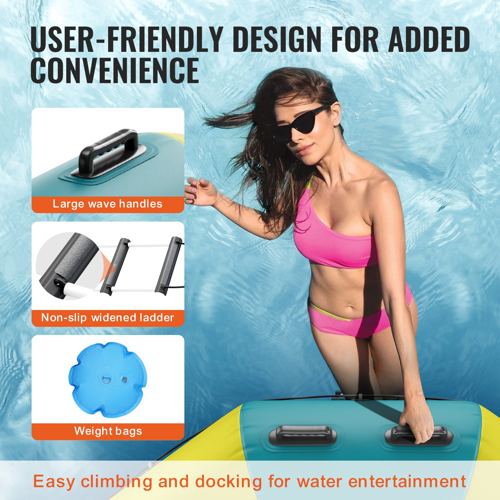 VEVOR Inflatable Water Trampoline Ladder, Waterproof, Abrasion-Resistant, Water Trampoline with 3.96 m Jumping Surface, Jumping Platform Water Park Pool Trampoline, Yellow + Green, 226 kg Weight Capacity