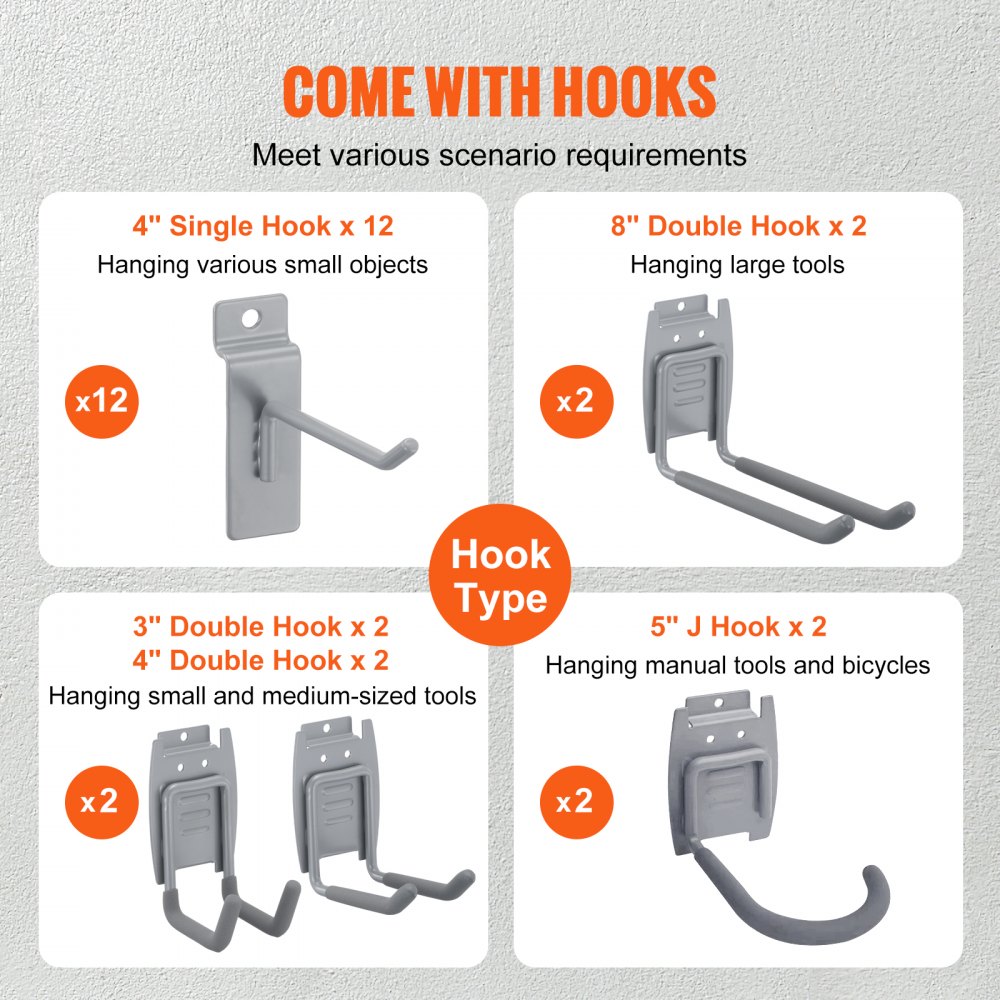 VEVOR Pannello Forato da Parete Porta Attrezzi per Garage Officina 1220x310 mm, Pannello Portautensili 8 Pezzi con Ganci Pannelli da Parete Porta Attrezzi Portata ca. 34kg per Utensili Officina Garage