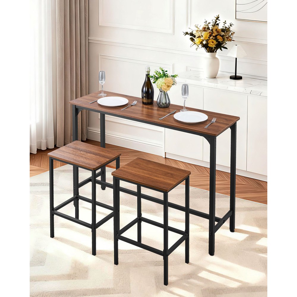 VEVOR Set Mobili da Bar Tavolo Sedie da Cucina 3 Pezzi con 2 Sgabelli da Bar e Bordi Arrotondati, Tavolo da Pranzo da 120 x 40 x 90 cm, Marrone Rustico e Nero, Adatto per Ufficio, Minibar