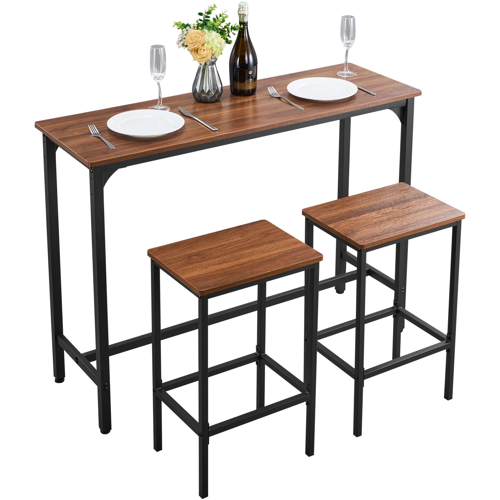 VEVOR Set Mobili da Bar Tavolo Sedie da Cucina 3 Pezzi con 2 Sgabelli da Bar e Bordi Arrotondati, Tavolo da Pranzo da 120 x 40 x 90 cm, Marrone Rustico e Nero, Adatto per Ufficio, Minibar