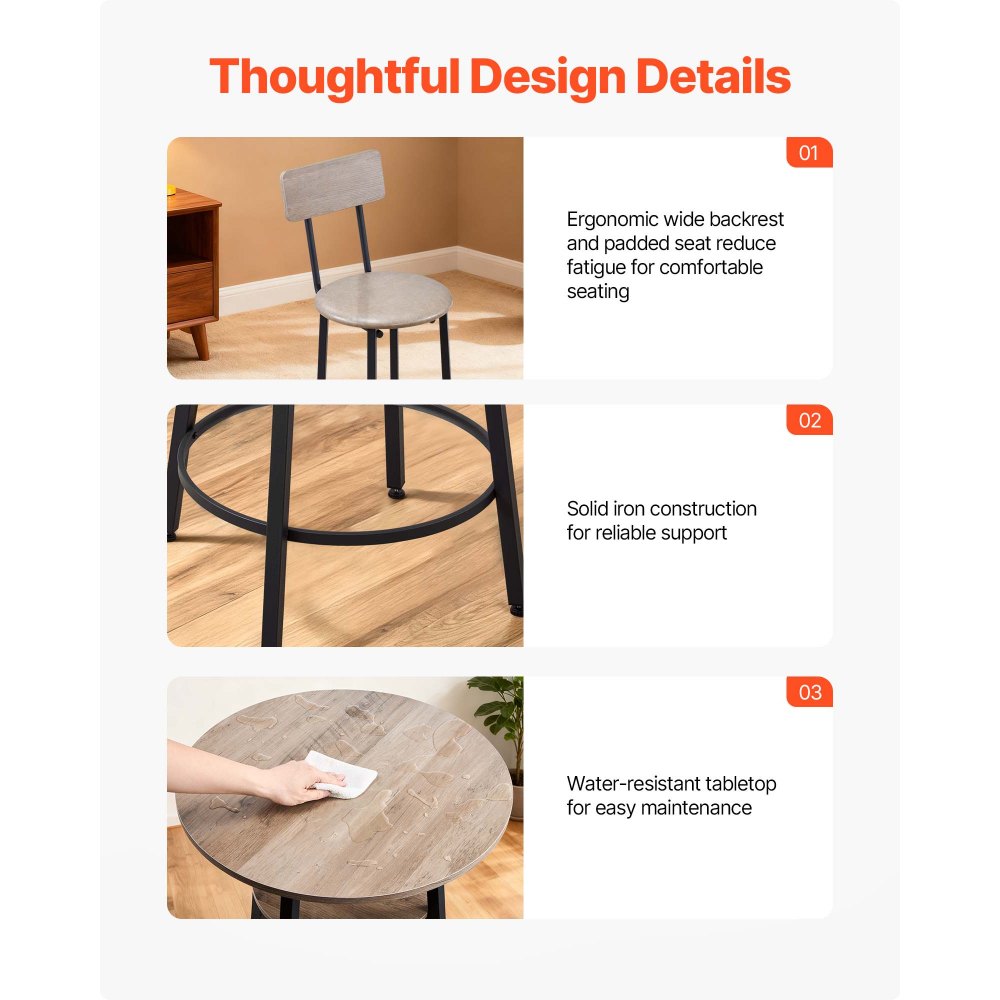 VEVOR Set Mobili da Bar Tavolo Sedie da Cucina 3 Pezzi con 2 Sgabelli da 350 x 420 x 920 mm, Tavolo da Pub Rotondo da 900 x 900 x 910 mm, Adatto per Ufficio, Sala da Pranzo, Stile Industriale