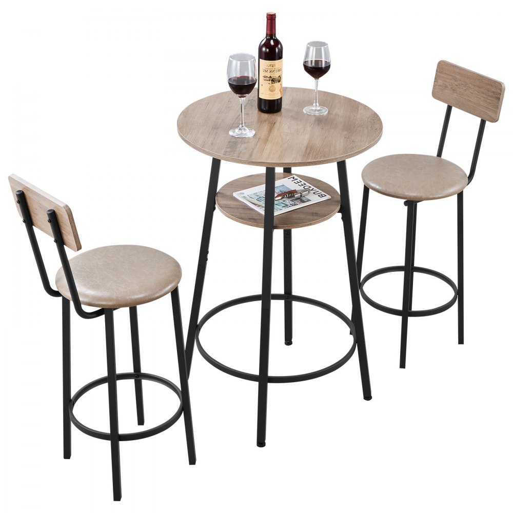 VEVOR Set Mobili da Bar Tavolo Sedie da Cucina 3 Pezzi con 2 Sgabelli da 350 x 420 x 920 mm, Tavolo da Pub Rotondo da 900 x 900 x 910 mm, Adatto per Ufficio, Sala da Pranzo, Stile Industriale