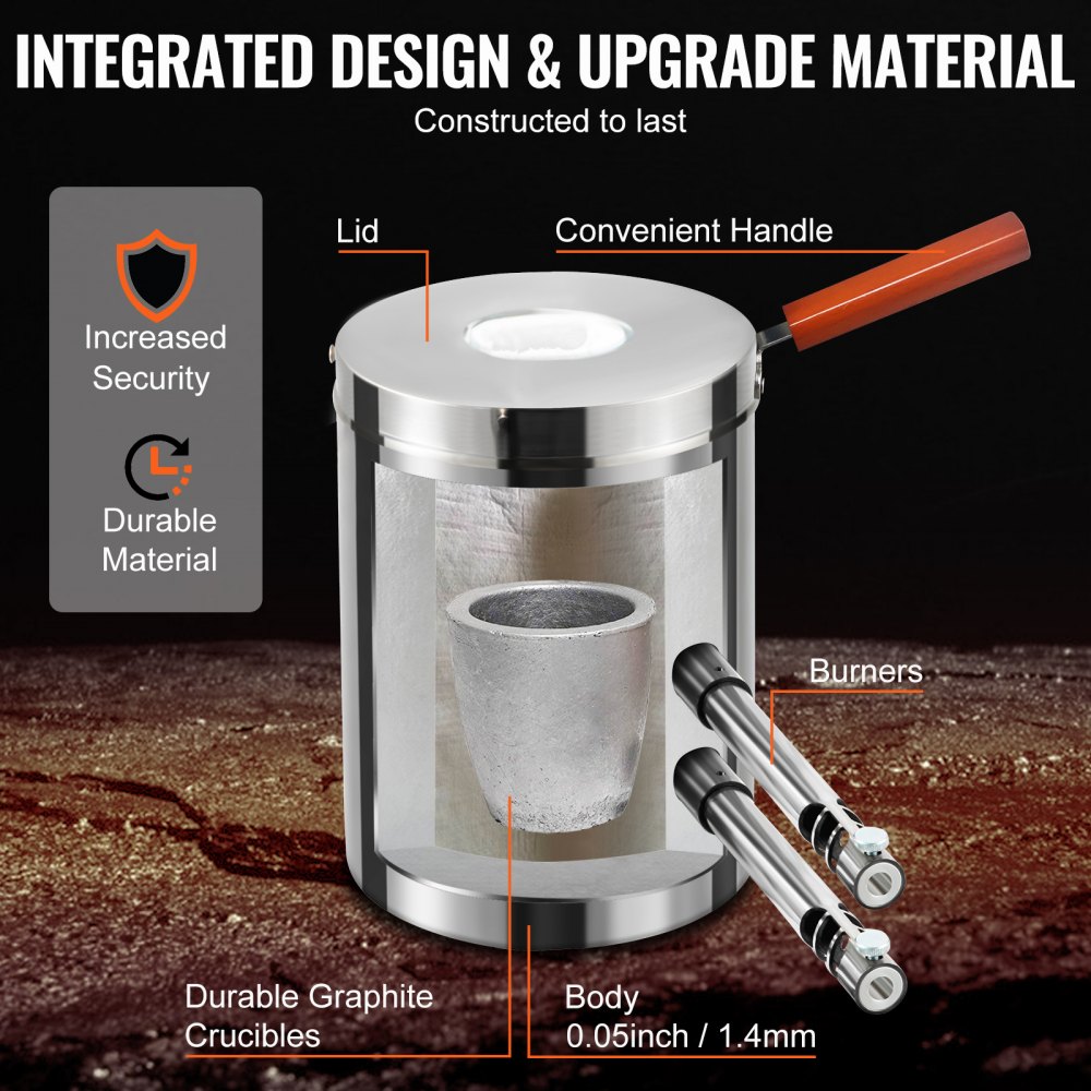 VEVOR Kit di Forno Fusorio a Gas Propano Capienza 12kg Temperatura Massima 1482℃ Corpo di Forno in Acciaio Inox per Metalli Fabbri Raffinerie, Kit di Forno di Fusione con Bruciatore a Propano 30 PSI